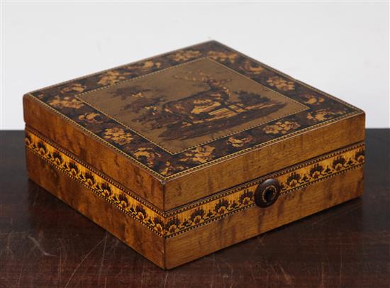 A Tunbridge Ware birds eye maple stag mosaic handkerchief box, 9in.